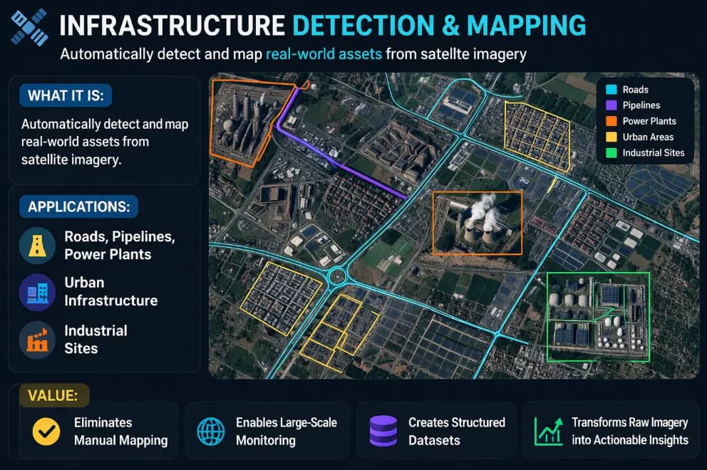 Satellite view of a road network with AI-detected infrastructure outlined